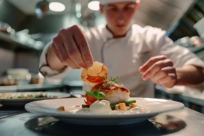 Professional Chef Plating Gourmet Seafood Dish
