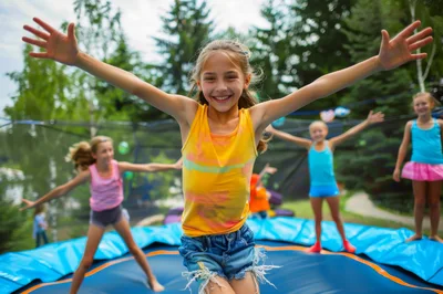 Happy Young Girls Jumping Together On A Backyard Trampoline
