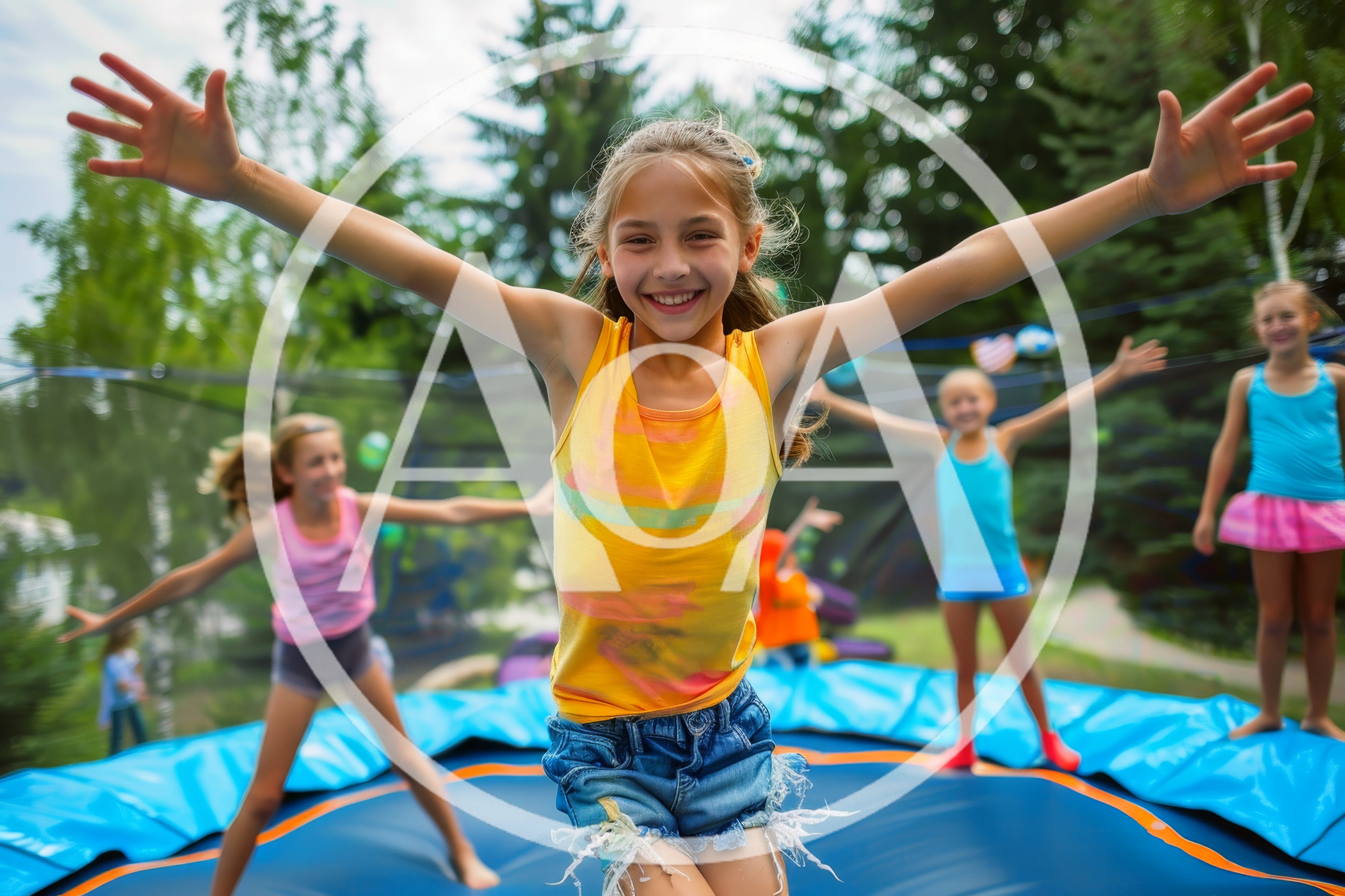 Happy Young Girls Jumping Together On A Backyard Trampoline
