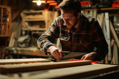 Woodworker Using A Hand Plane In A Workshop