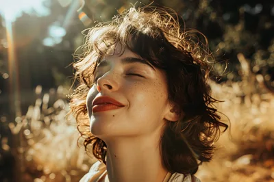 Young Woman Enjoying Warm Sunlight Outdoors