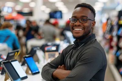 Smiling Retail Associate Standing At Electronics Store Counter