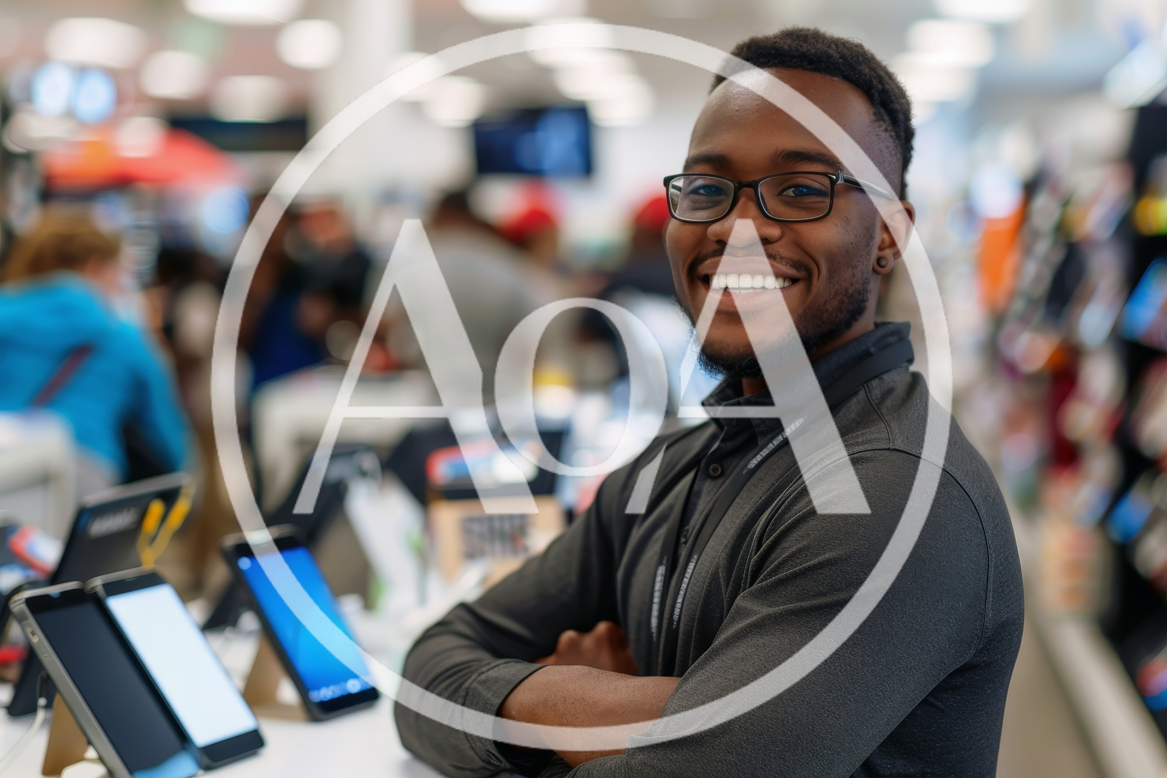 Smiling Retail Associate Standing At Electronics Store Counter