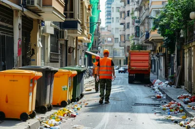 Sanitation Workers Cleaning Trash on City Street