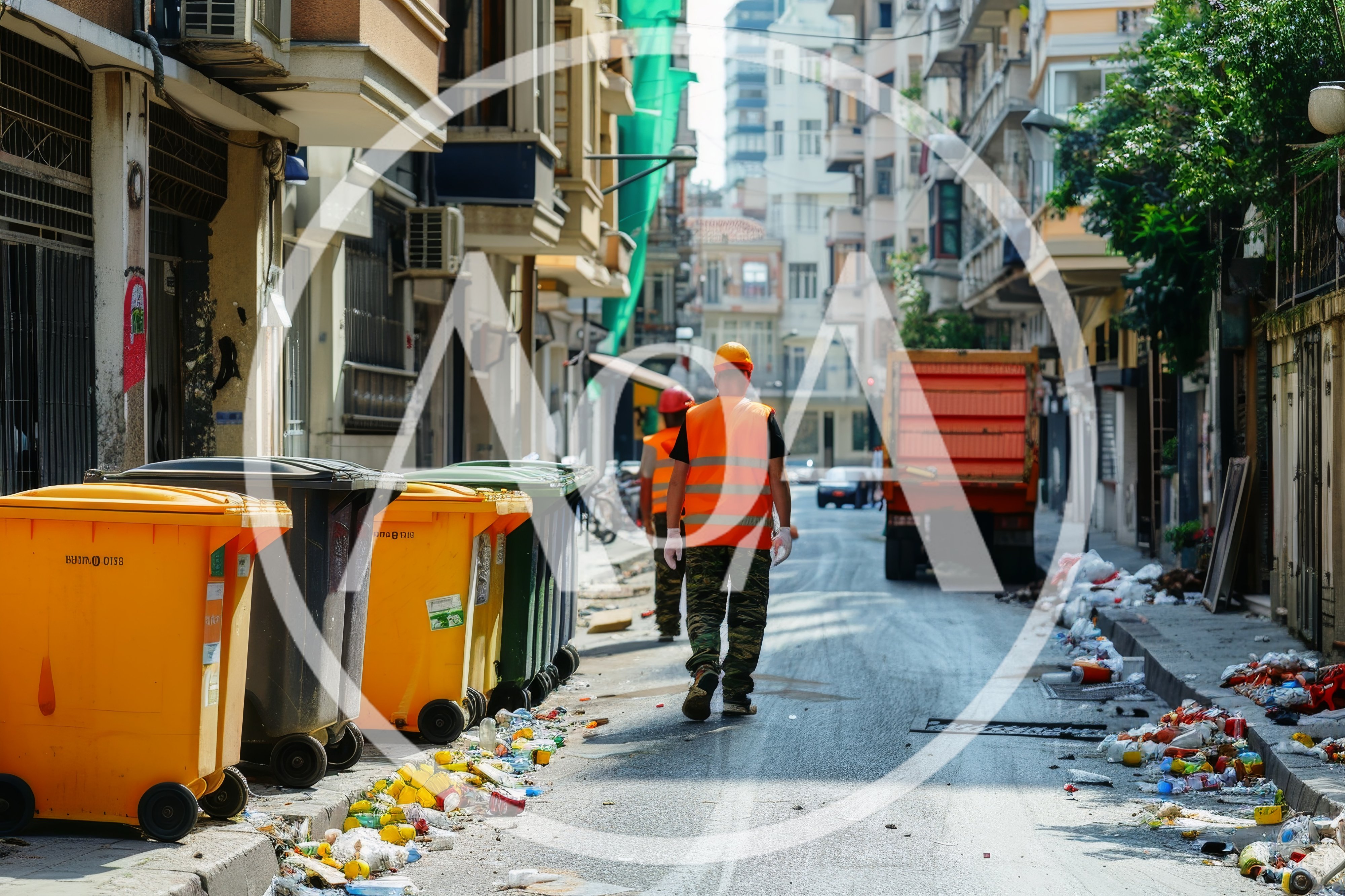 Sanitation Workers Cleaning Trash on City Street