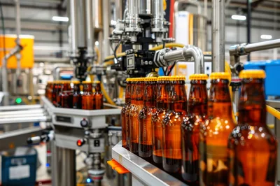 Amber Beer Bottles Moving Along Industrial Bottling Line