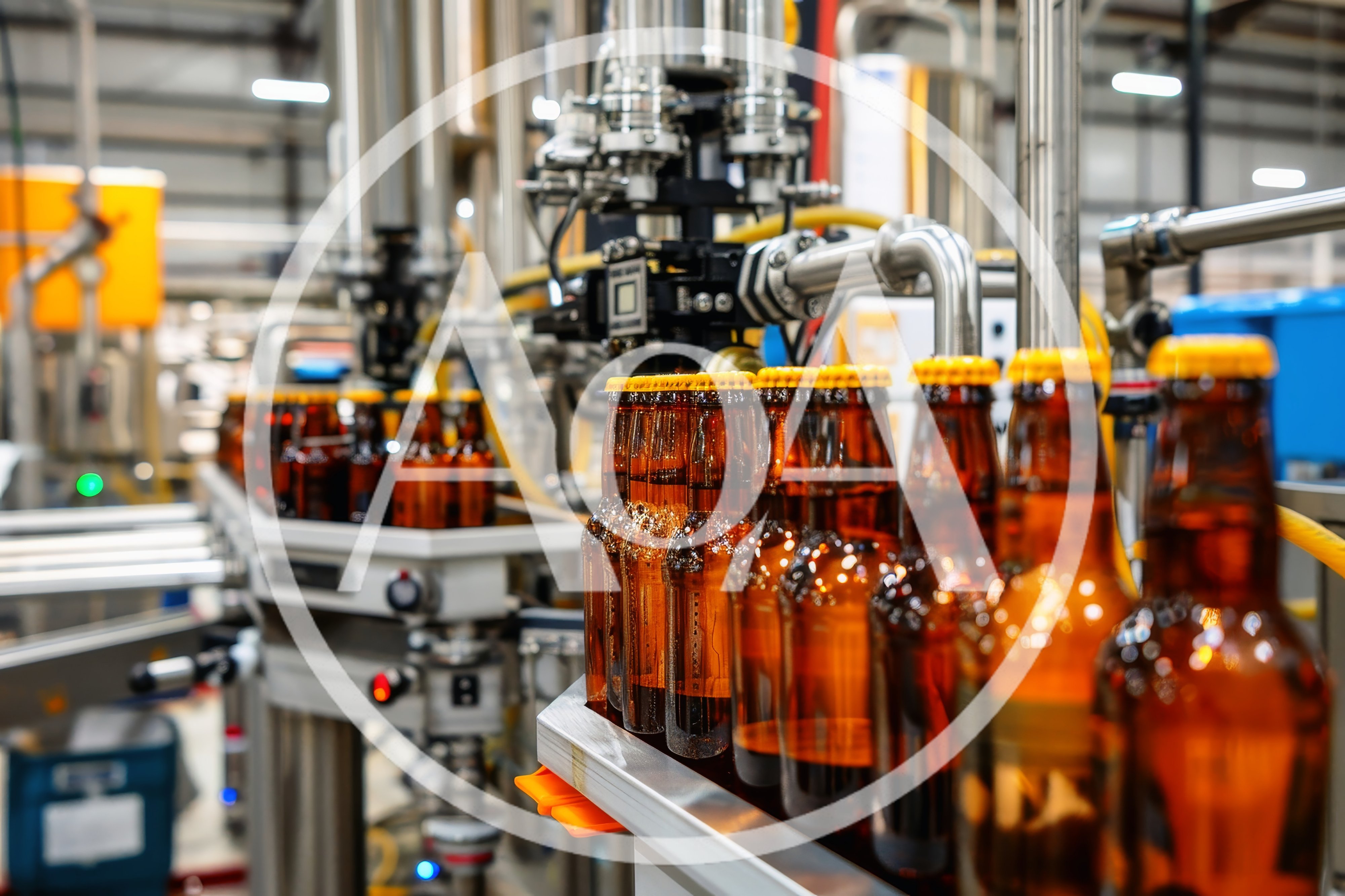 Amber Beer Bottles Moving Along Industrial Bottling Line