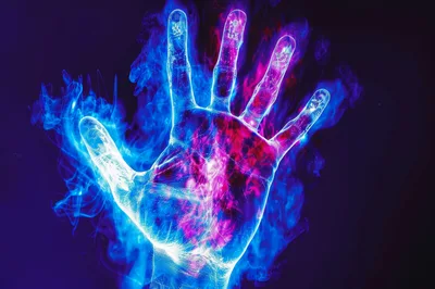 Glowing Human Hand Silhouette With Cosmic Nebula Energy