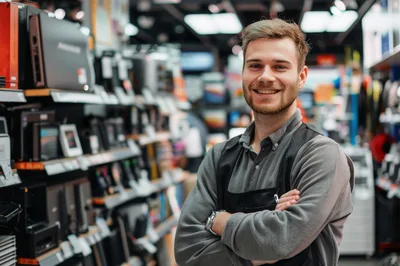 Smiling Retail Clerk Standing In Electronics Store
