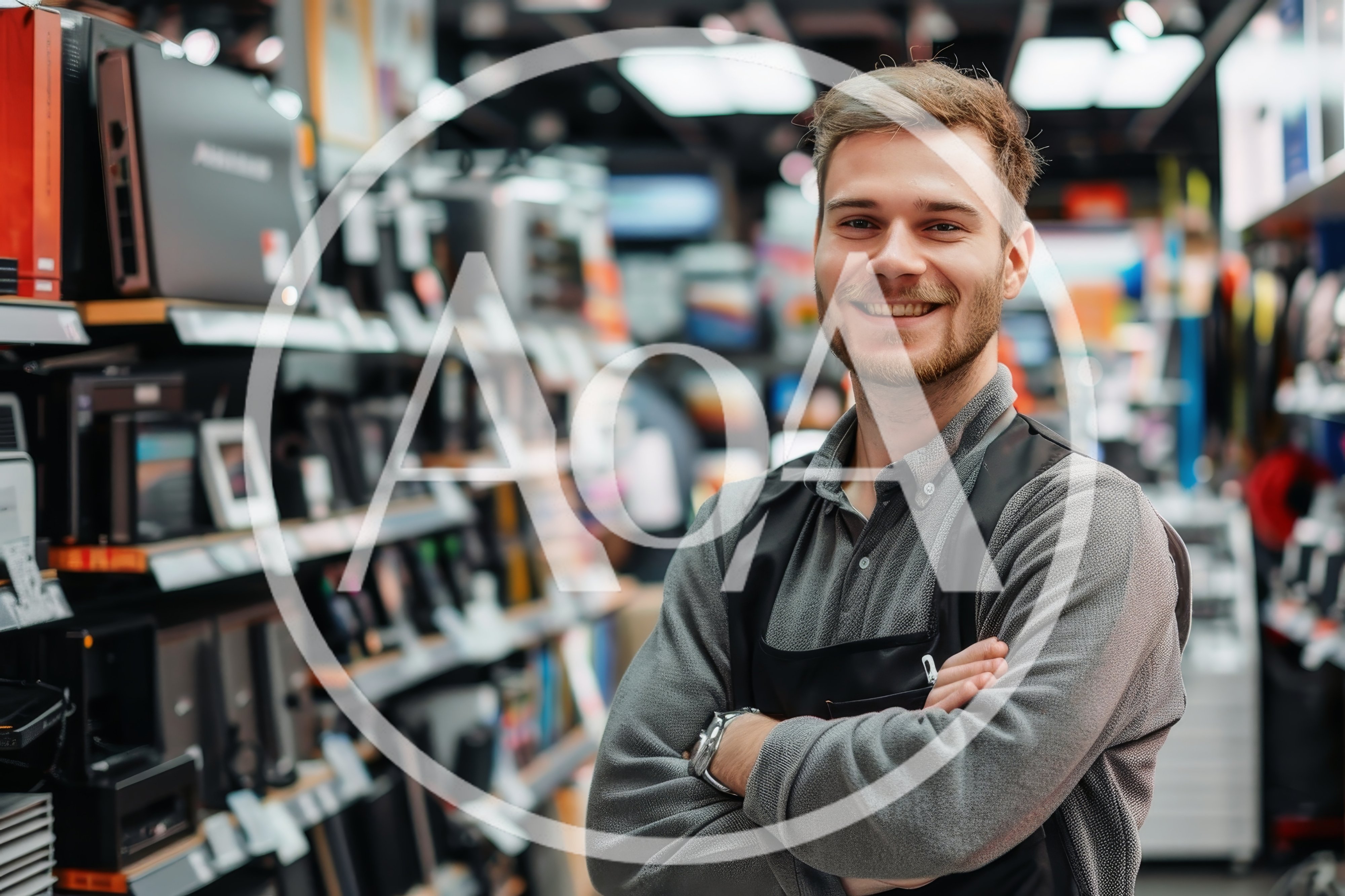 Smiling Retail Clerk Standing In Electronics Store