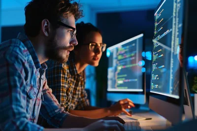 Software Developers Collaborating on Code at Night