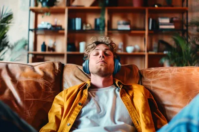 Young Man Relaxing On Leather Sofa With Headphones