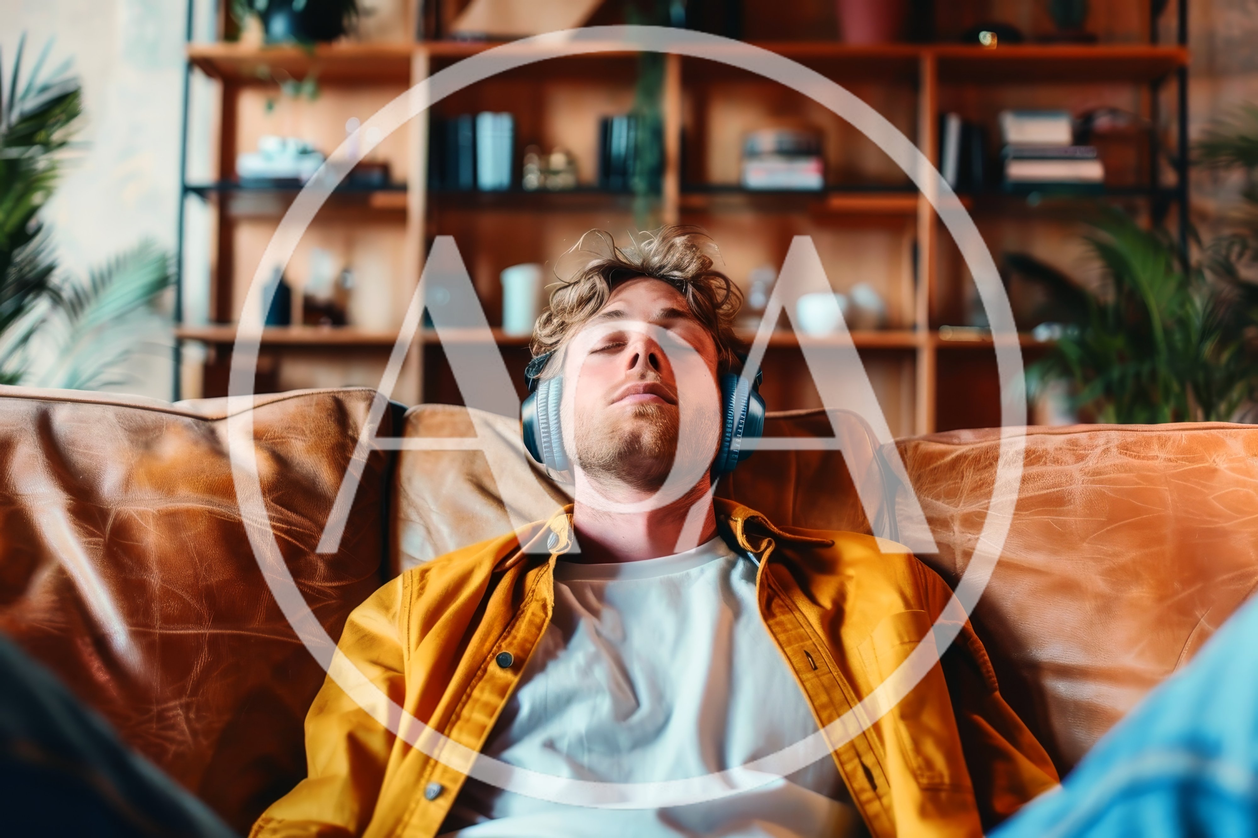 Young Man Relaxing On Leather Sofa With Headphones