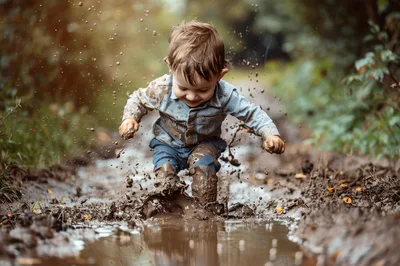 Toddler Boy Playing and Splashing in Muddy Puddle
