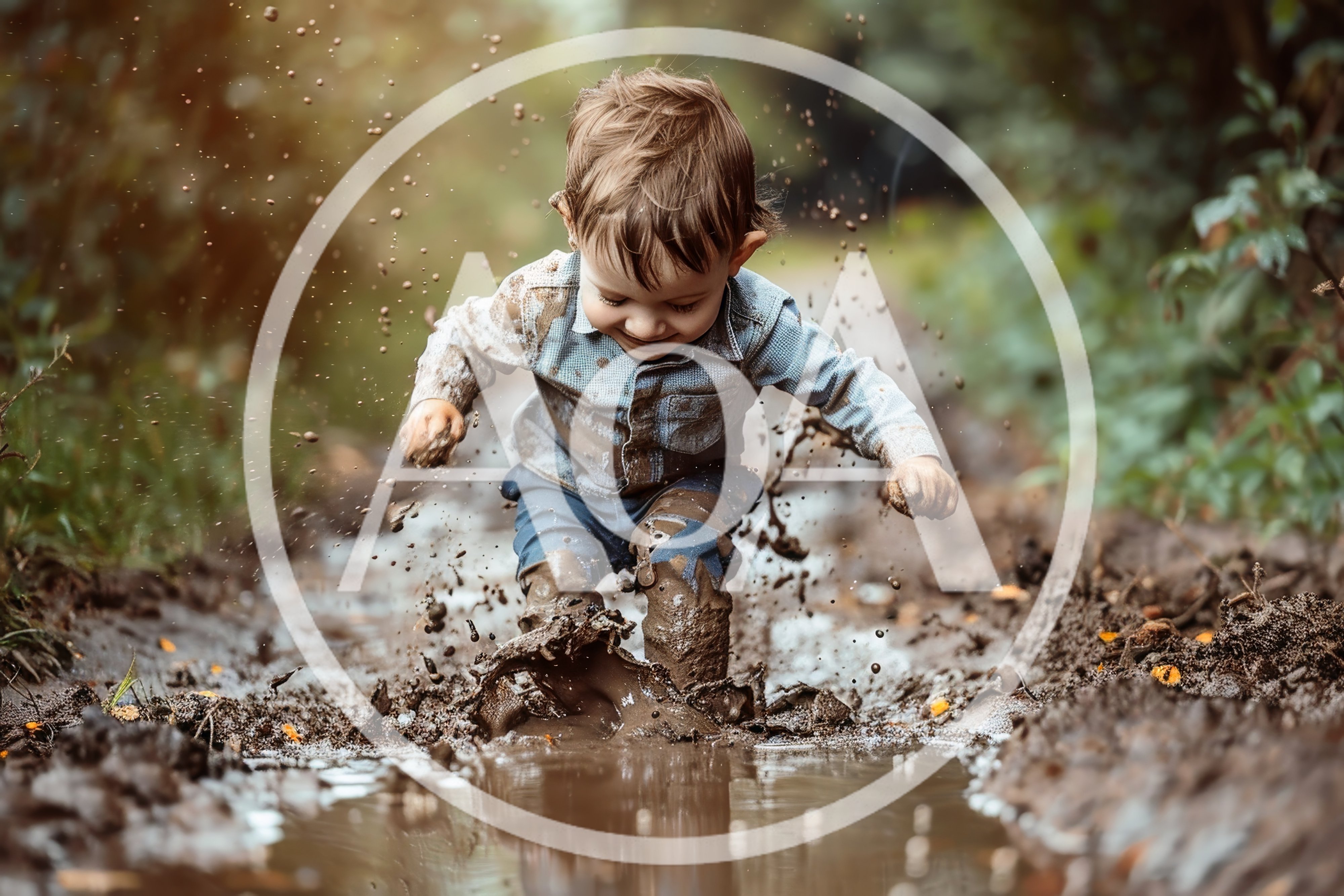 Toddler Boy Playing and Splashing in Muddy Puddle