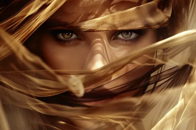 Close Up Portrait Of Woman With Golden Fabric Veil