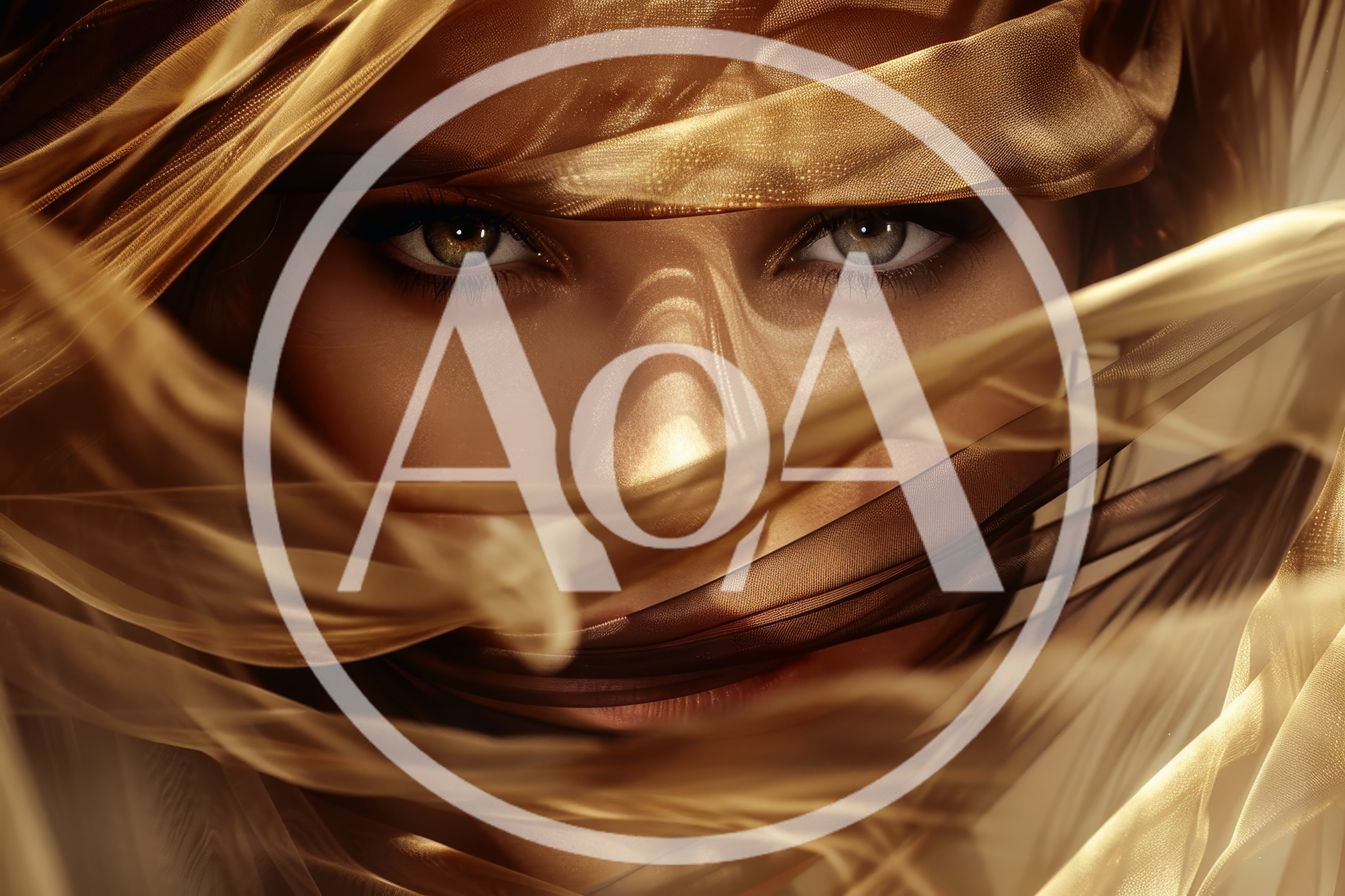 Close Up Portrait Of Woman With Golden Fabric Veil