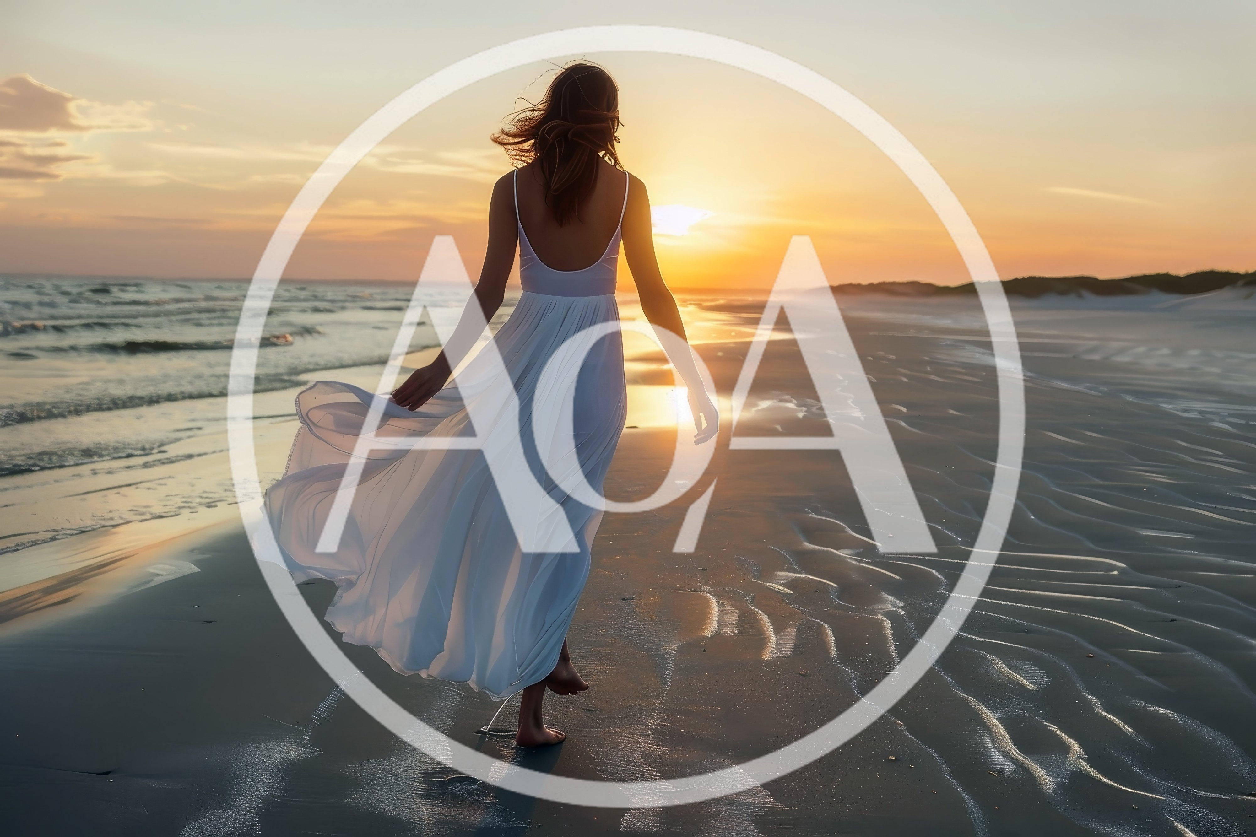 Woman In White Dress Walking On Beach At Sunset