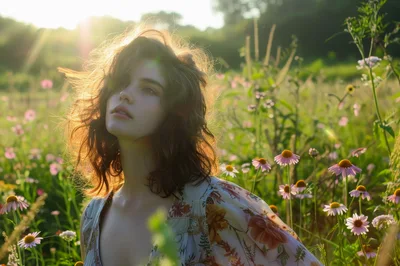 Young Woman Standing In A Sunlit Wildflower Meadow