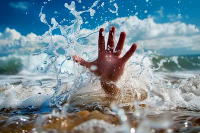 Human Hand Reaching Out From Ocean Waves