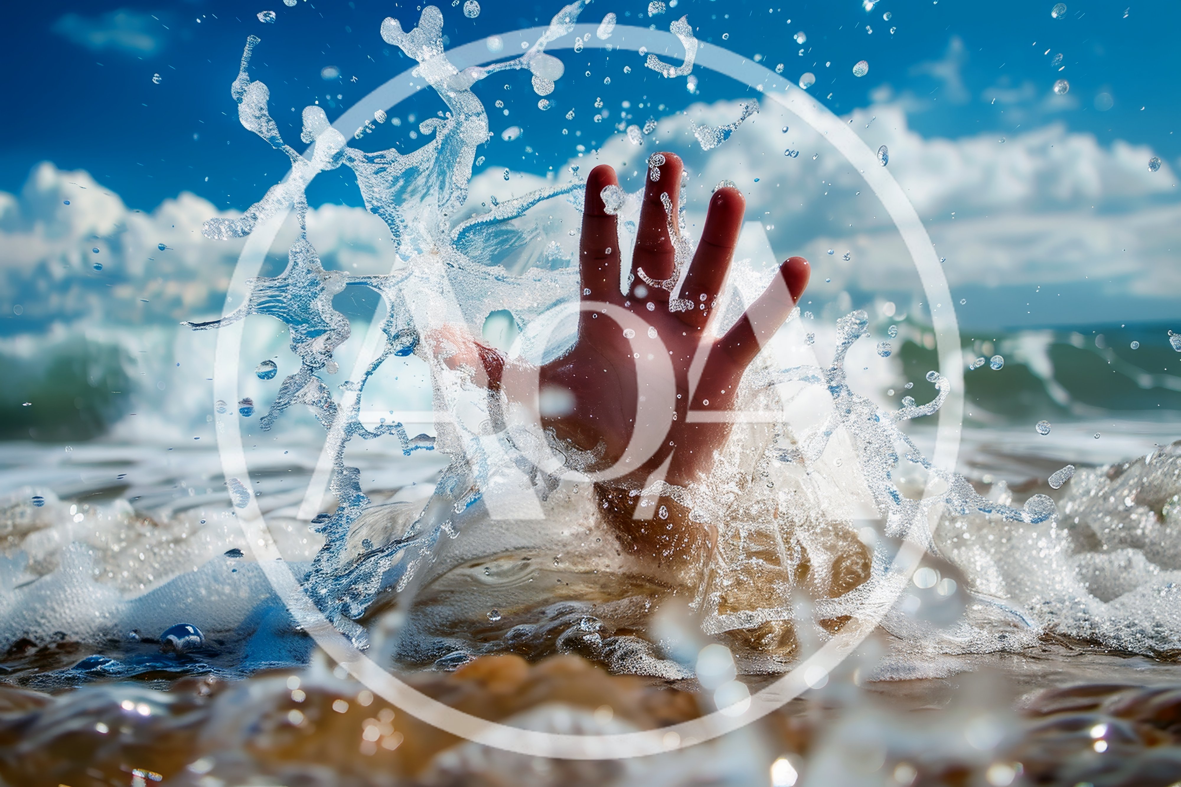 Human Hand Reaching Out From Ocean Waves