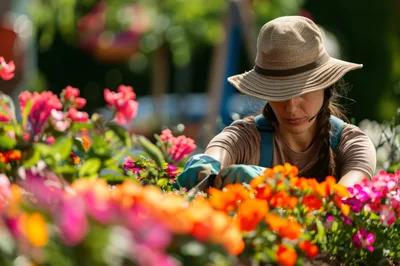 Female Gardener Tending To Vibrant Flowers In Greenhouse