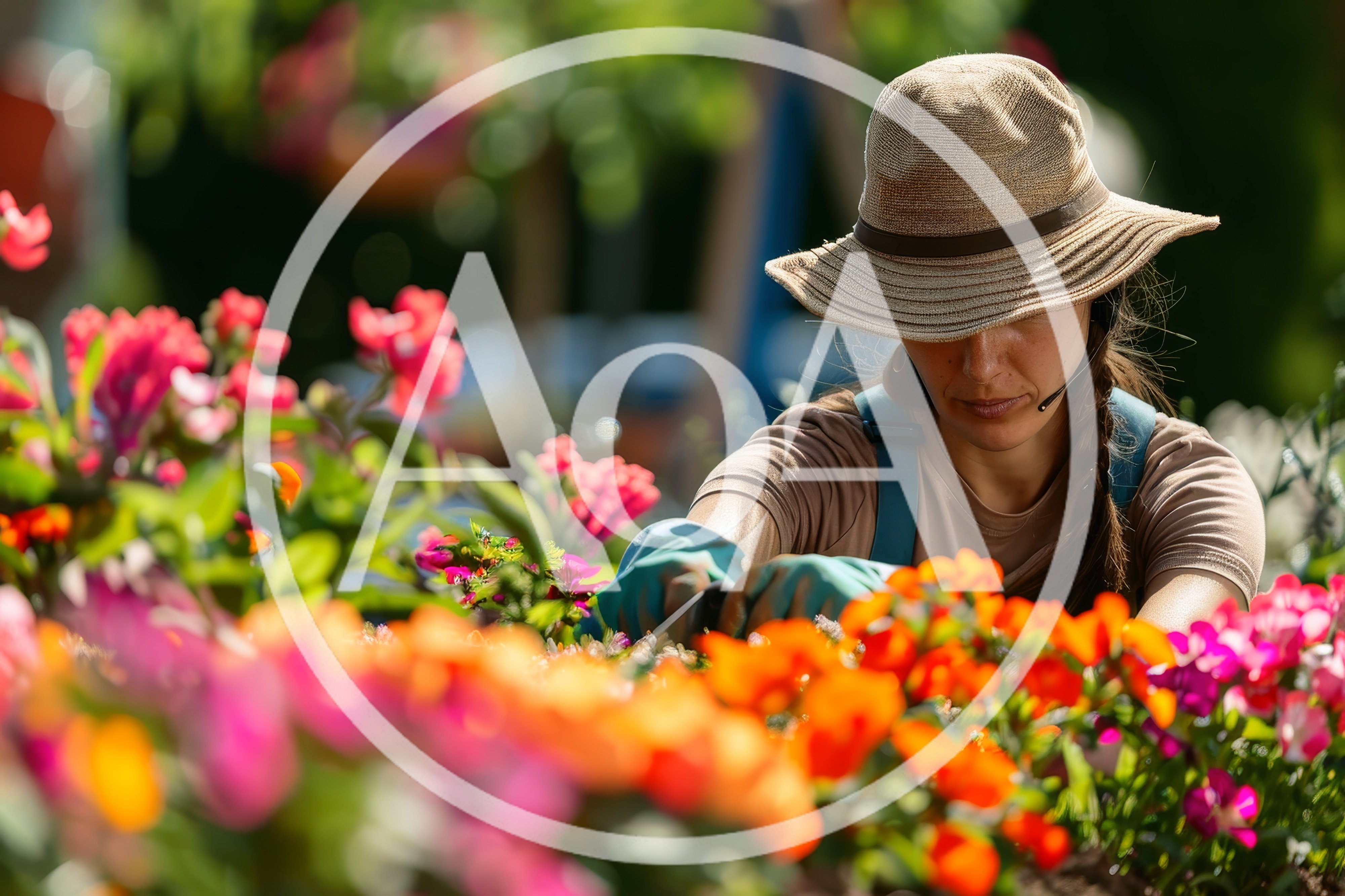 Female Gardener Tending To Vibrant Flowers In Greenhouse