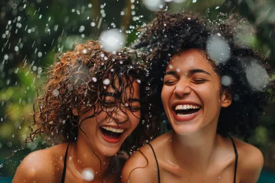 Two Joyful Women Laughing Under Refreshing Water Spray
