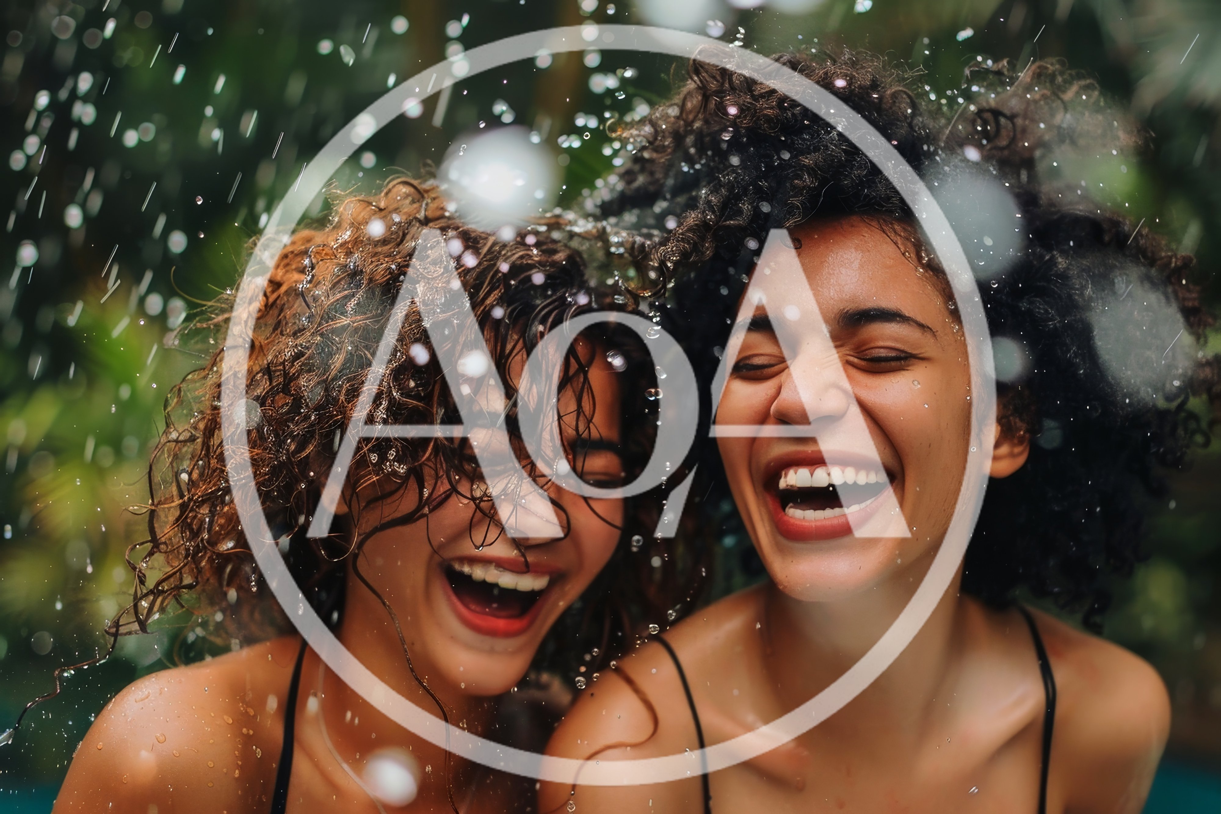 Two Joyful Women Laughing Under Refreshing Water Spray