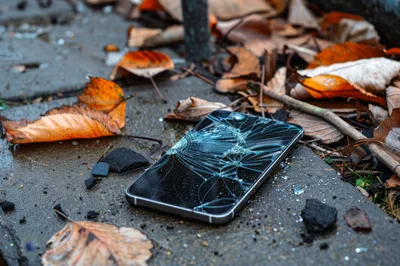 Broken Smartphone Lying On Concrete Ground With Autumn Leaves