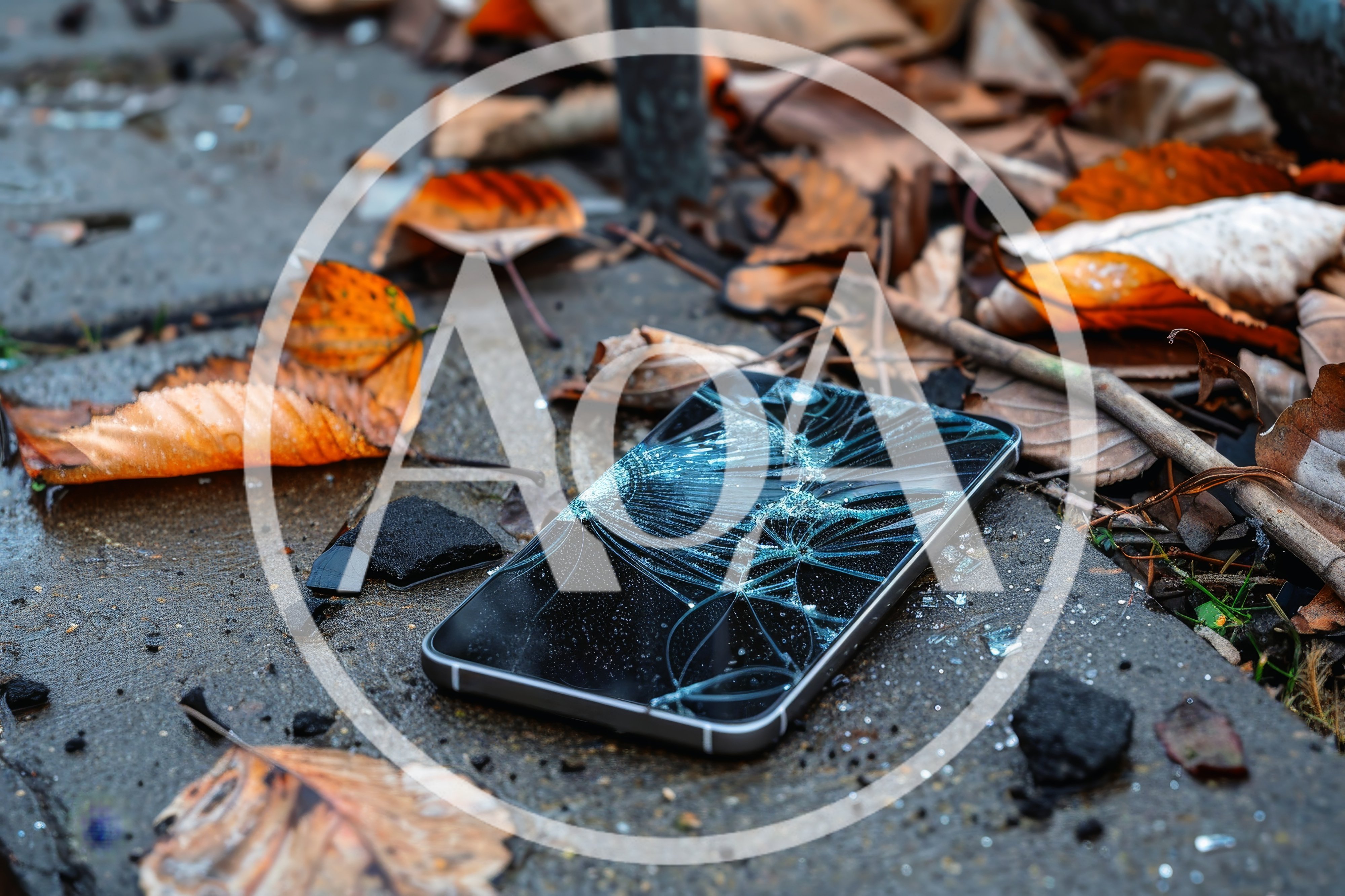 Broken Smartphone Lying On Concrete Ground With Autumn Leaves