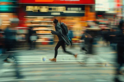 Person Running Across A Busy City Crosswalk