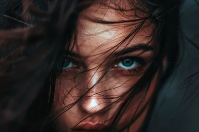 Close Up Portrait Of A Woman With Piercing Blue Eyes