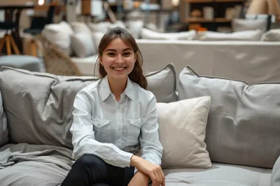 Young Woman Smiling While Sitting On A Sofa