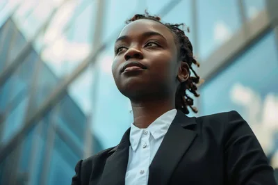 Young Professional Woman Looking Upwards Outside Office Building