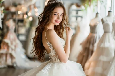 Beautiful Young Bride In A Wedding Dress Boutique