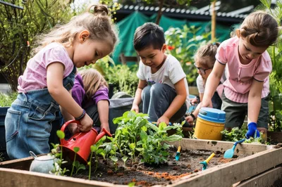 Diverse Children Gardening Together in a Raised Bed