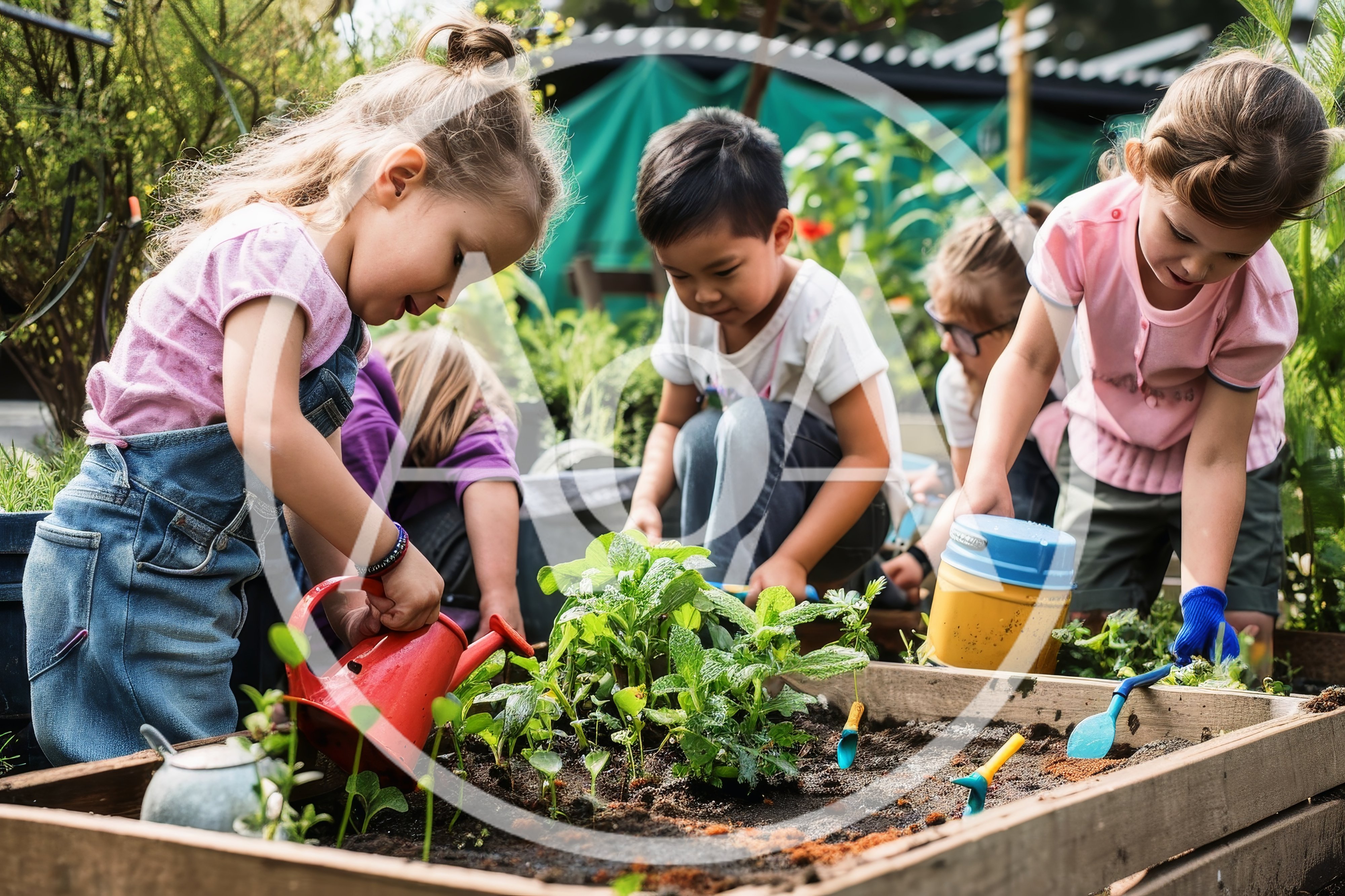 Diverse Children Gardening Together in a Raised Bed