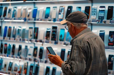 Senior Man Examining Smartphone in Electronics Store