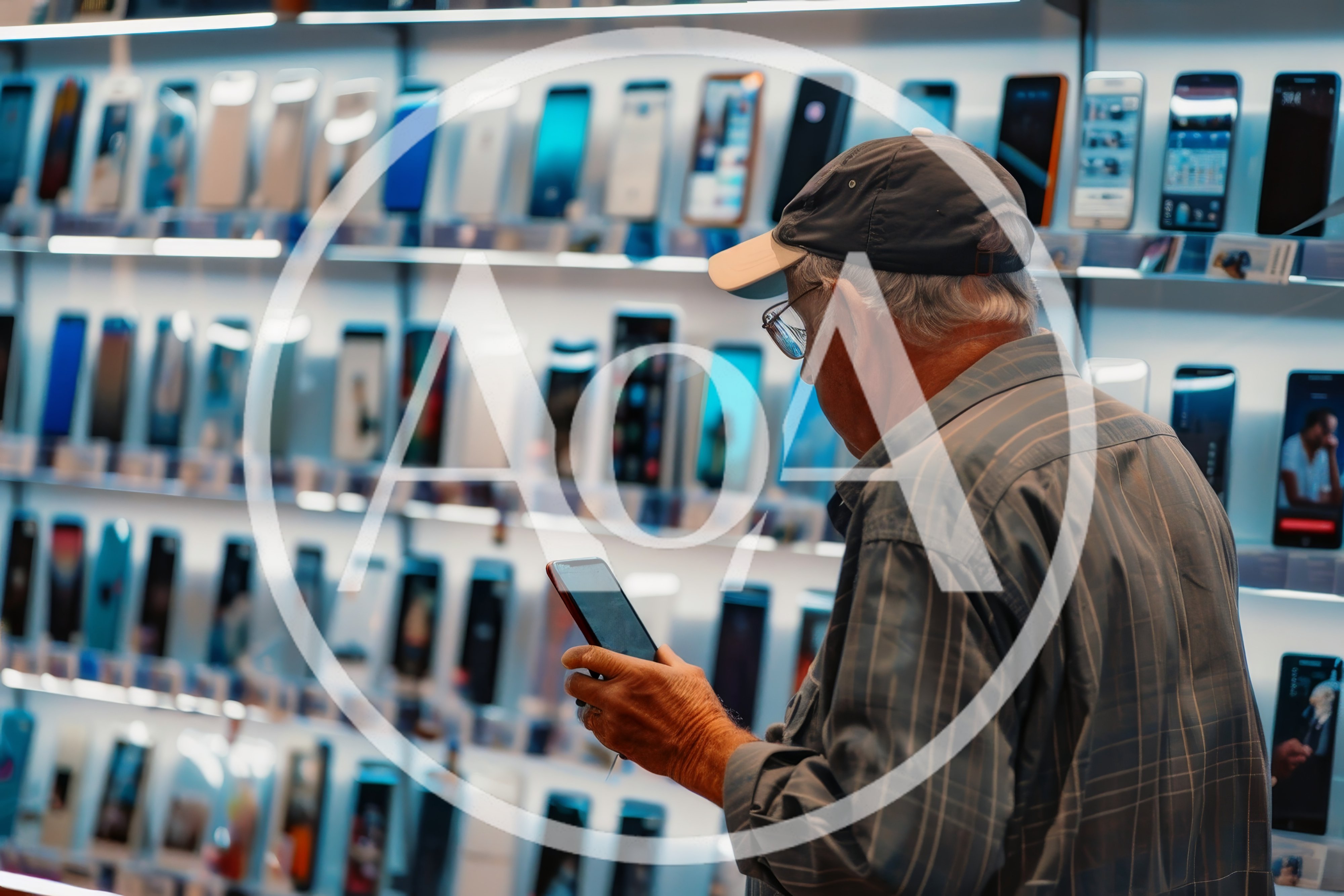 Senior Man Examining Smartphone in Electronics Store