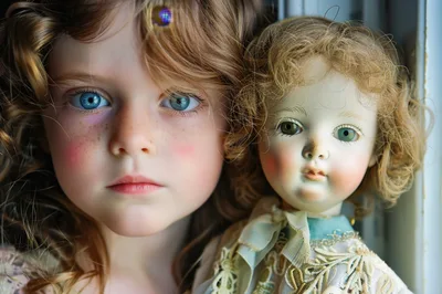 Young Girl With Freckles Holding An Antique Doll