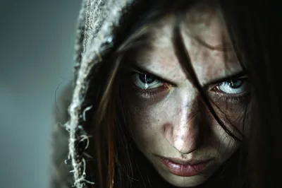 Close Up Portrait Of An Intense Angry Woman