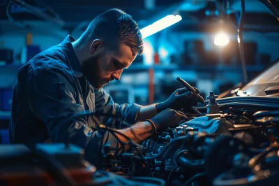 Professional Mechanic Repairing Car Engine In Workshop