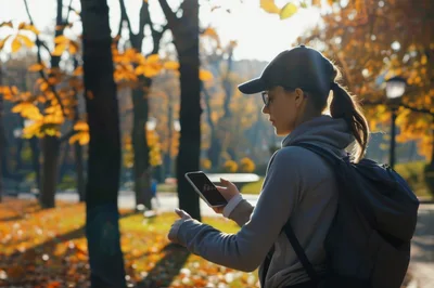 Young Woman Using Smartphone In Autumn Park