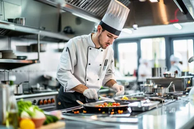 Professional Chef Cooking Vegetables In A Commercial Kitchen