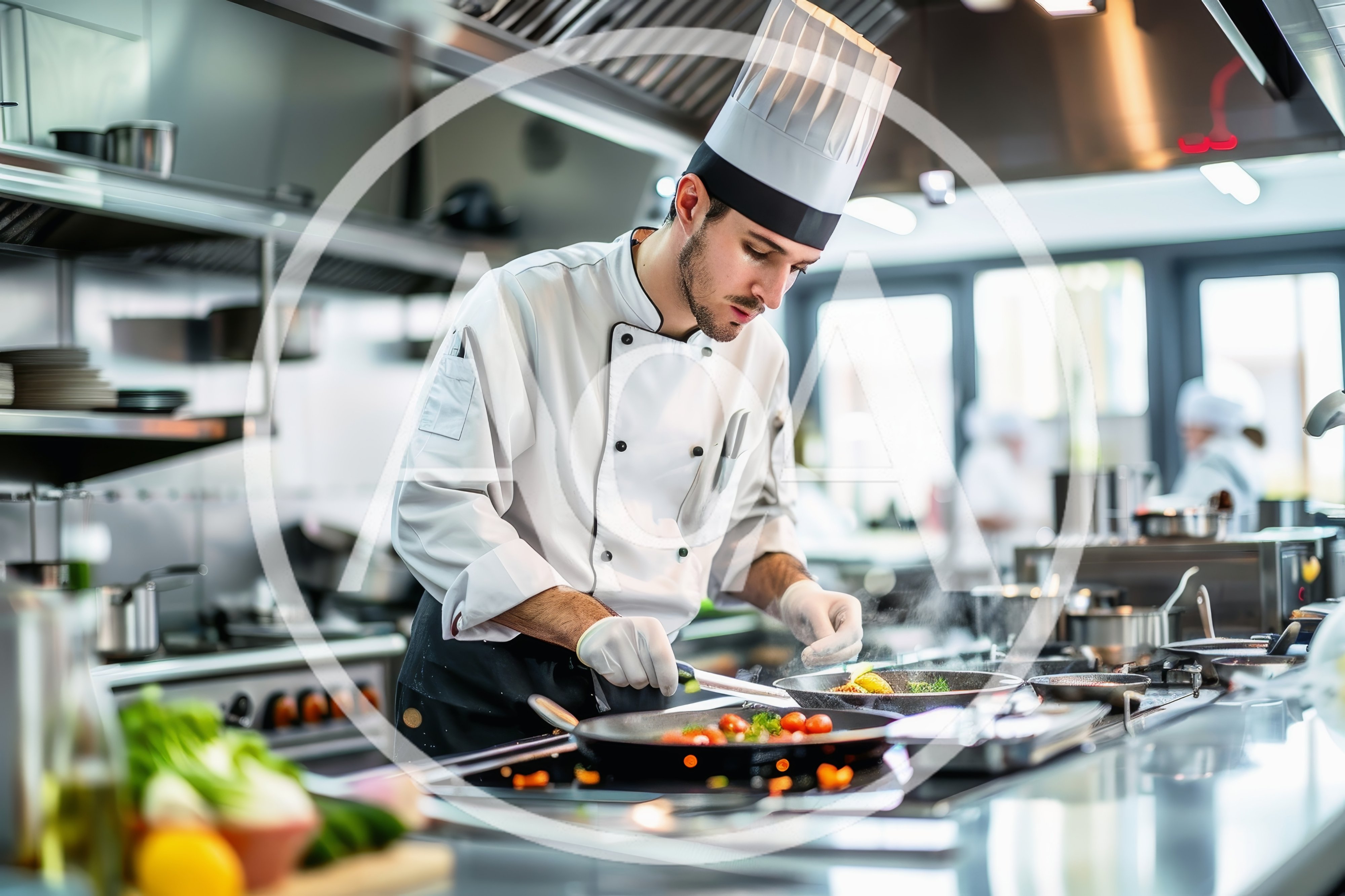 Professional Chef Cooking Vegetables In A Commercial Kitchen