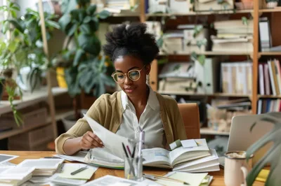 Young Black Woman Studying With Books In A Library