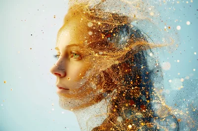 Surreal Portrait Of A Woman Dissolving Into Golden Particles