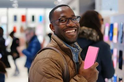 Happy Man Holding Smartphone In Electronics Store