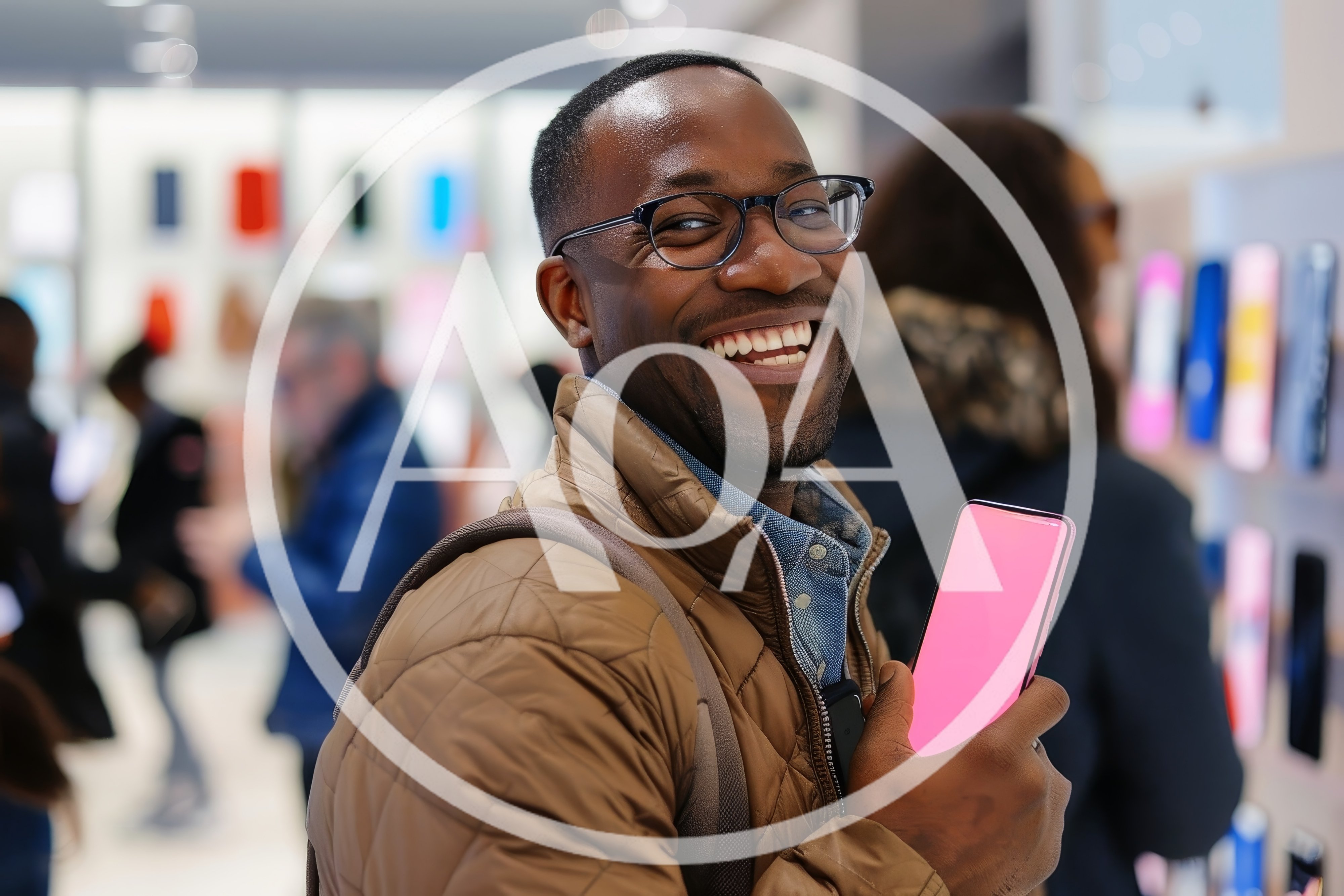 Happy Man Holding Smartphone In Electronics Store
